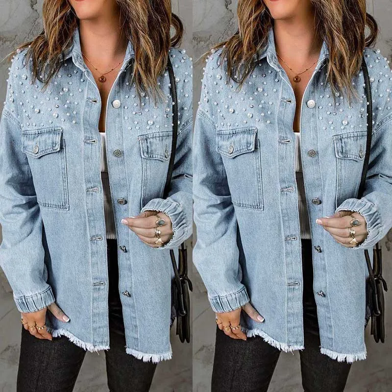 Ladies Denim Jacket Long Sleeve Raw Fringe Pearl Women Jacket Wholesale Large Size Coat