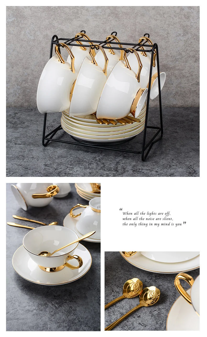 Graceful Food Grade China Tea Coffee Sets,Tea Cup Saucer,15pcs Porcelain Tea Set With Gold Handle for Wedding manufacture