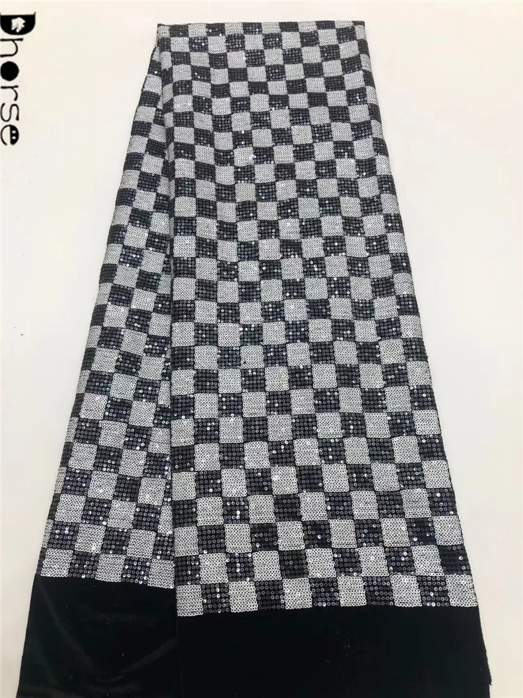 New Velvet Black and White Checkered Lace Fabric With Sequins Stretch Lace Fabric