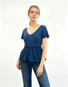 Women's Blue Solid V-Neck Ruffled Short-Sleeve Knit Top Waist-Cinched with Pleat Decoration Slim Fit Crop Length Waffle Fabric