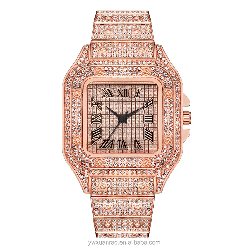 TW9015 Luxury Full Diamond Around Rome Dial Iced out Lady Watch Quartz Steel Square Women Watches Jewelry Accessories