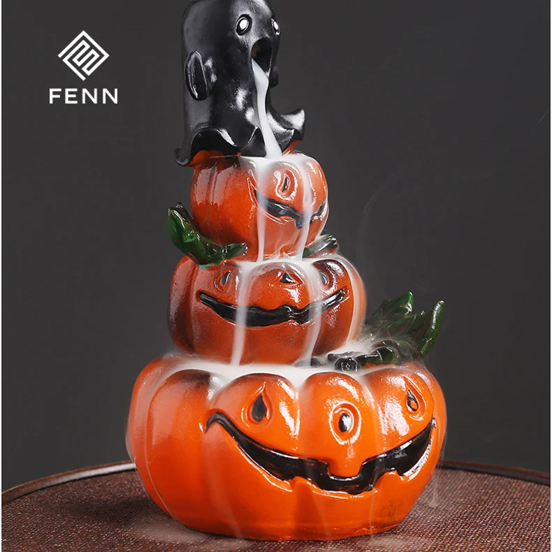 FENN Halloween Ghost Festival Backflow Incense Burner Gift Ceramic Pumpkin Waterfall Backflow Incense Burner Party Decoration