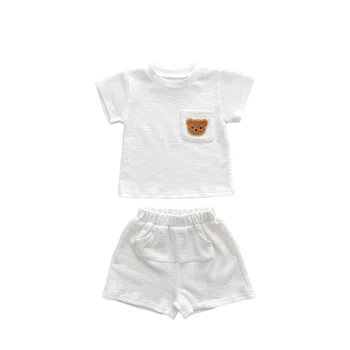 Summer Thin Infant Clothes Short Sleeve Shorts Linen Waffle Set for Boys and Girls Round Neck Pullover Two-Piece Set