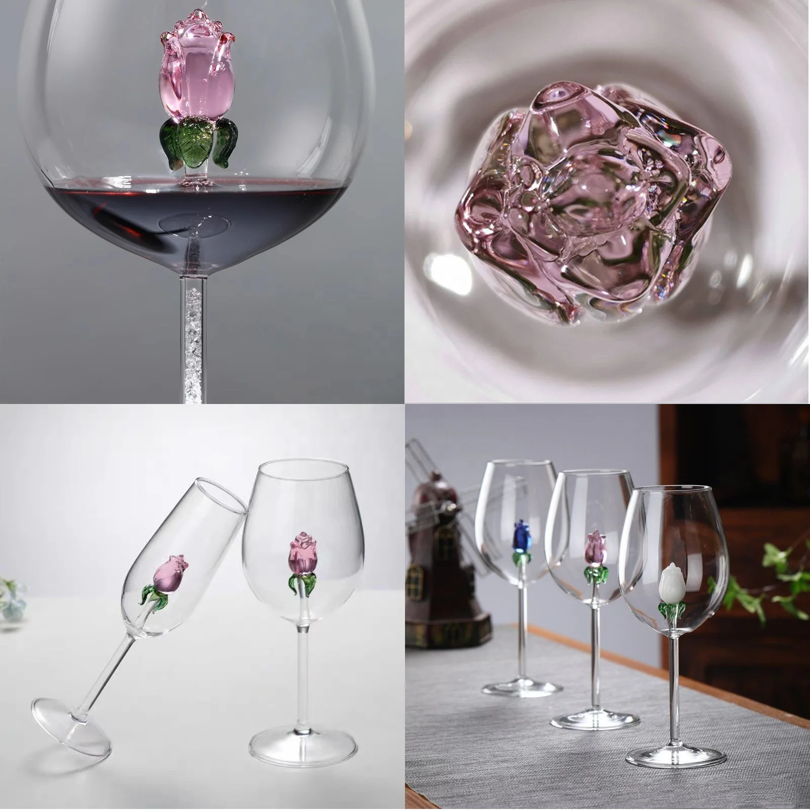 Handmade Transparent 3D Rose Inside Red Crystal Glasses