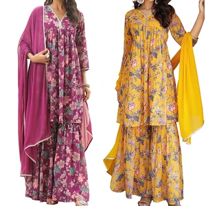 Top Tunic Festive Wedding Party Kurta Set with Dupatta for Women Indian Women's Beautiful Floral Kurta Kurti