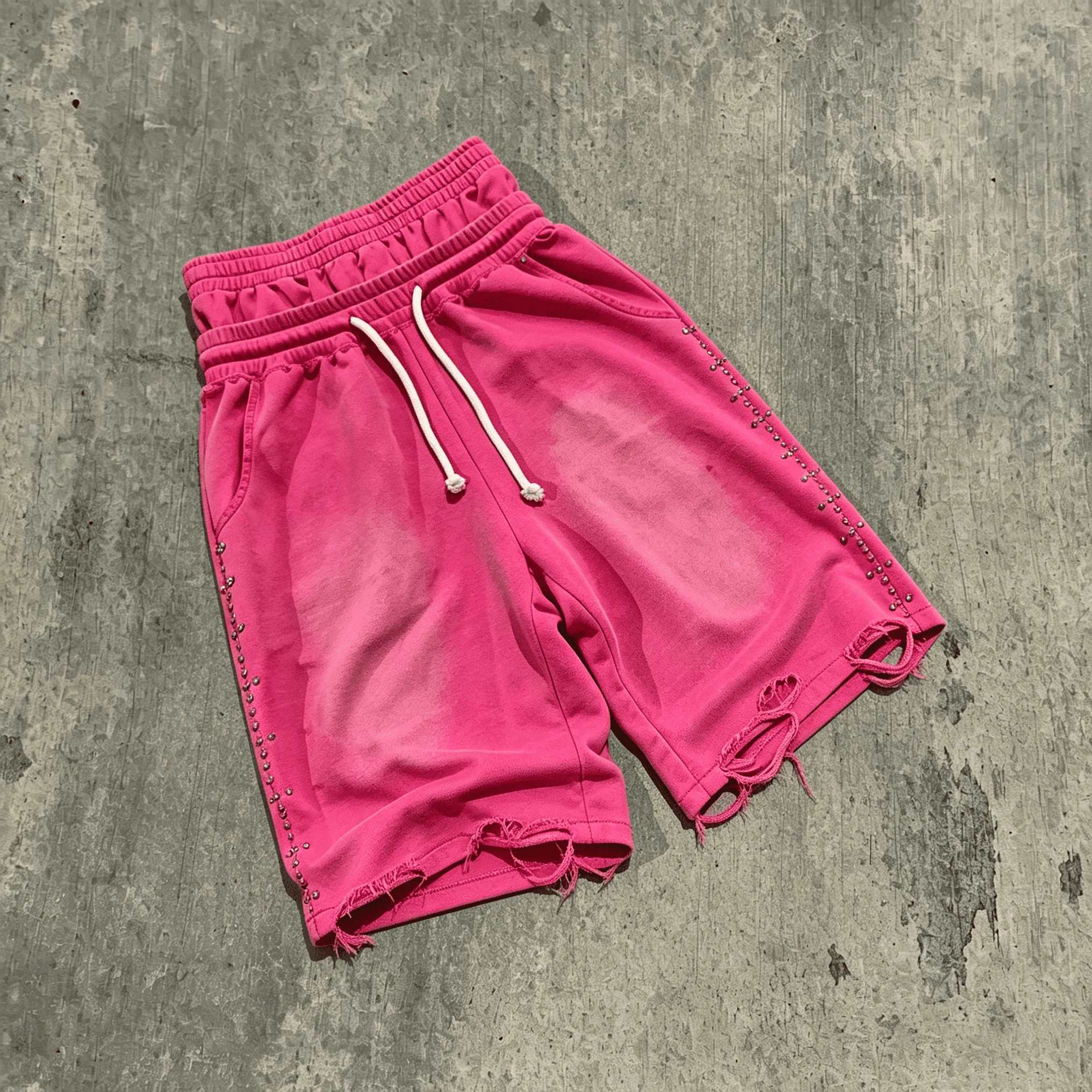 Custom Logo Men Baggy Double Elastic Waist Frayed Hem Hip Hop Streetwear Custom Hot Pink Washed Distressed Rivet Decor Shorts gallery 9