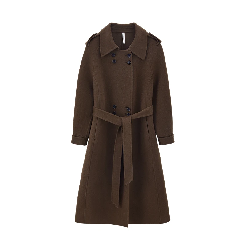 Lady Long Double Faced Solid Woolen Overcoat Belt Winter Double Breasted Cashmere Wool Trench Coat for Women