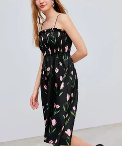 Summer Women's Flare Dress Spaghetti Strap Casual Tunic Empire Crepe Breathable Midi Collarless Character for Leisure