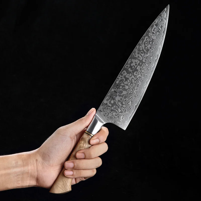 Professional Chef Knife Damascus Kitchen Knives with Figured Sycamore Wood Handle Handmade