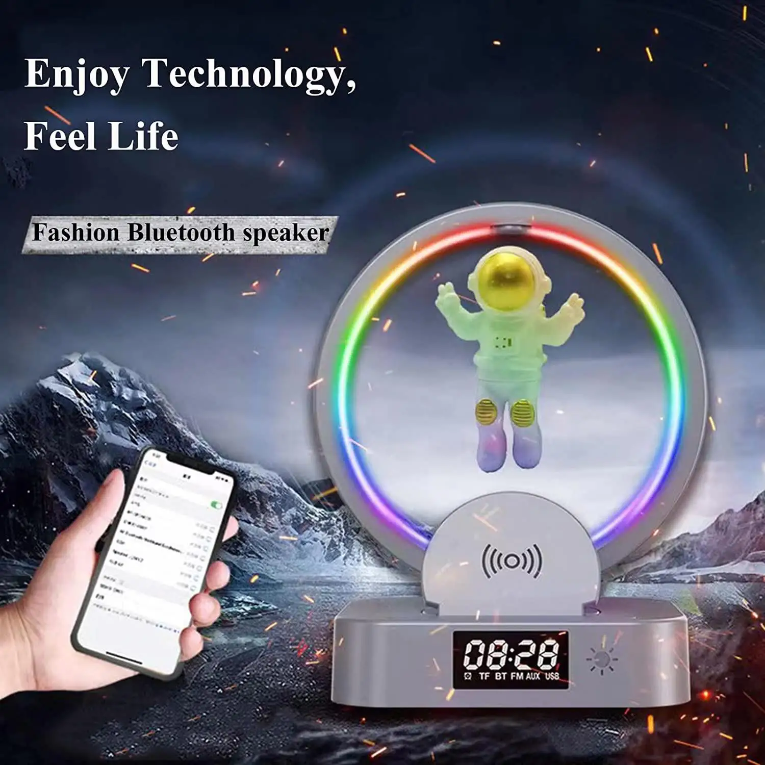 Wireless Charger Alarm Clock Astronaut RGB Atmosphere Light Night Magnetic Levitation Clock Light Astronaut