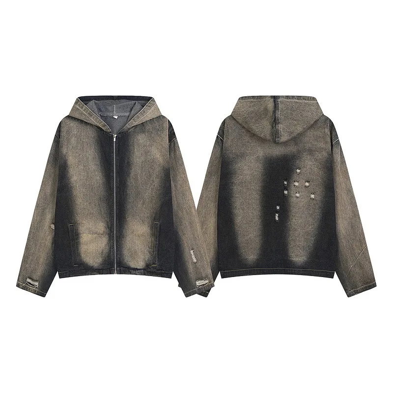 Distressed Hooded Denim Sweatshirt Destroyed Design Sense Men's Niche National Trend High Street Cross-Border