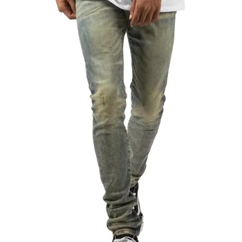 High Quality Custom Men's Vintage Blue Washed Stretch Skinny Jeans Little Distressed Male Trousers Casual Straight Style