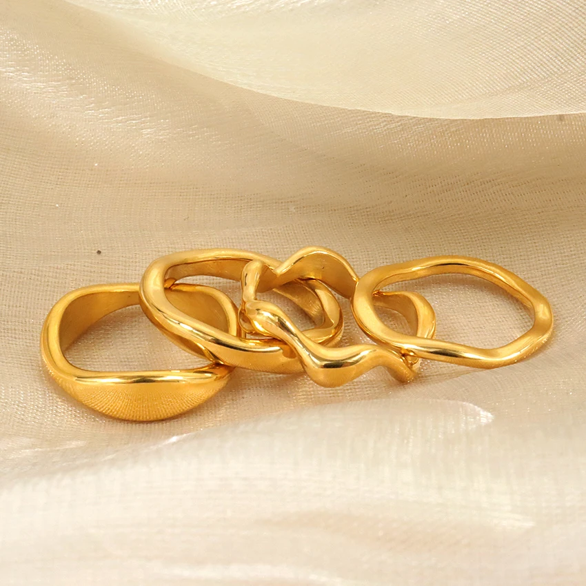 Fine Jewelry Rings Simple Design 18k Plated Jewelry Stacking Wave Ring Set  Mini Stainless Rings for Women Girls Summer Jewelry