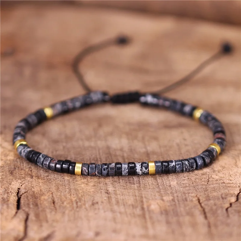 Bohemia 2x4mm Tile Natural Stone Beads Adjustable Bracelet Stretch ...