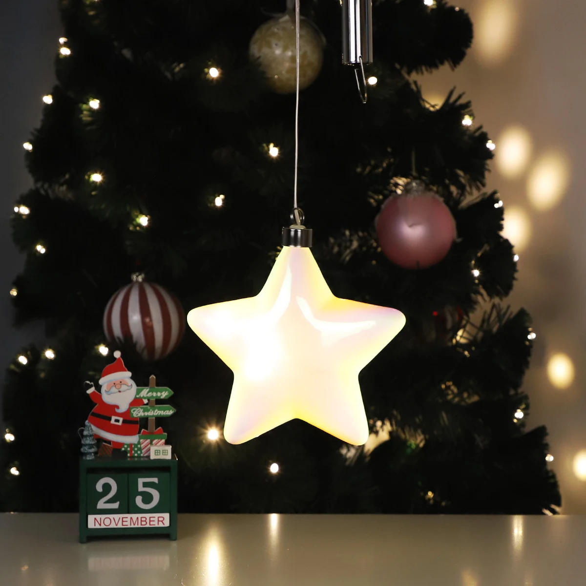 High Quality Pentagram Shaped Star Glass Hanging Ornaments Christmas Tree Decoration With Led Lights