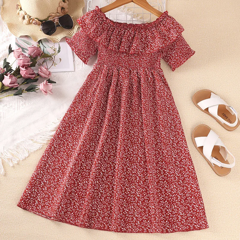 Cute Square Collar Puff Sleeve Kids Frock Red Cotton Floral Printed