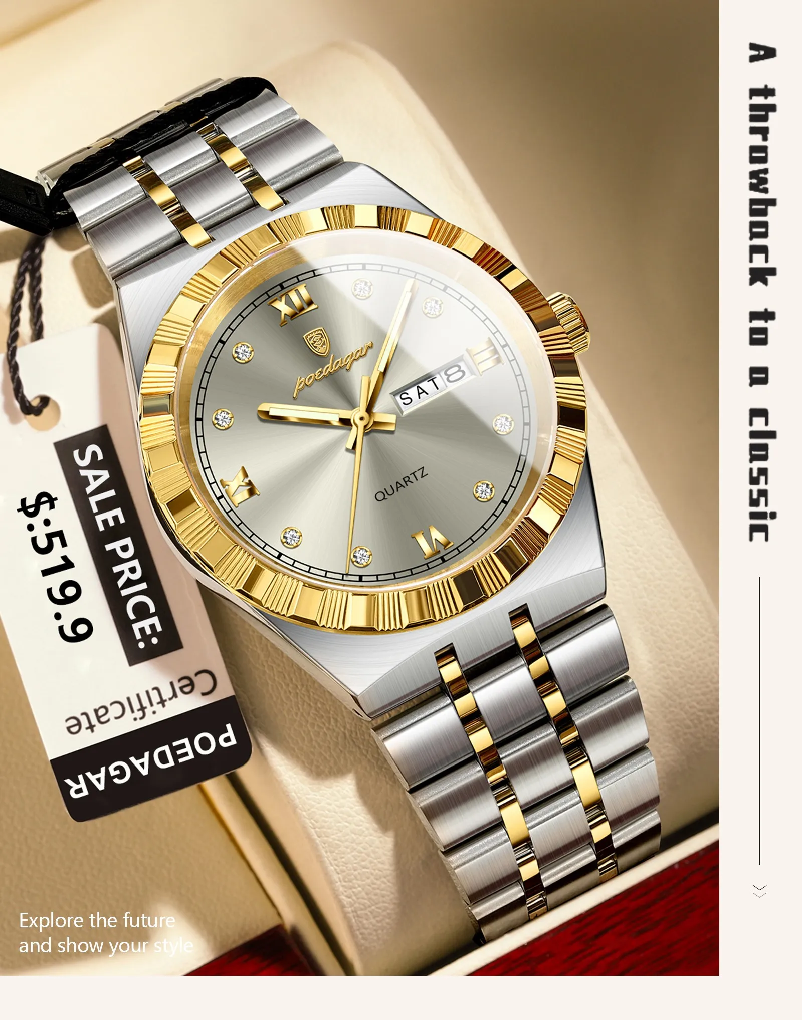 POEDAGAR 872 Montre Homme Mode Lumineuse Étanche Chronographe Date Homme Montre-Bracelet Acier Inoxydable Quartz Montres Homme Reloj