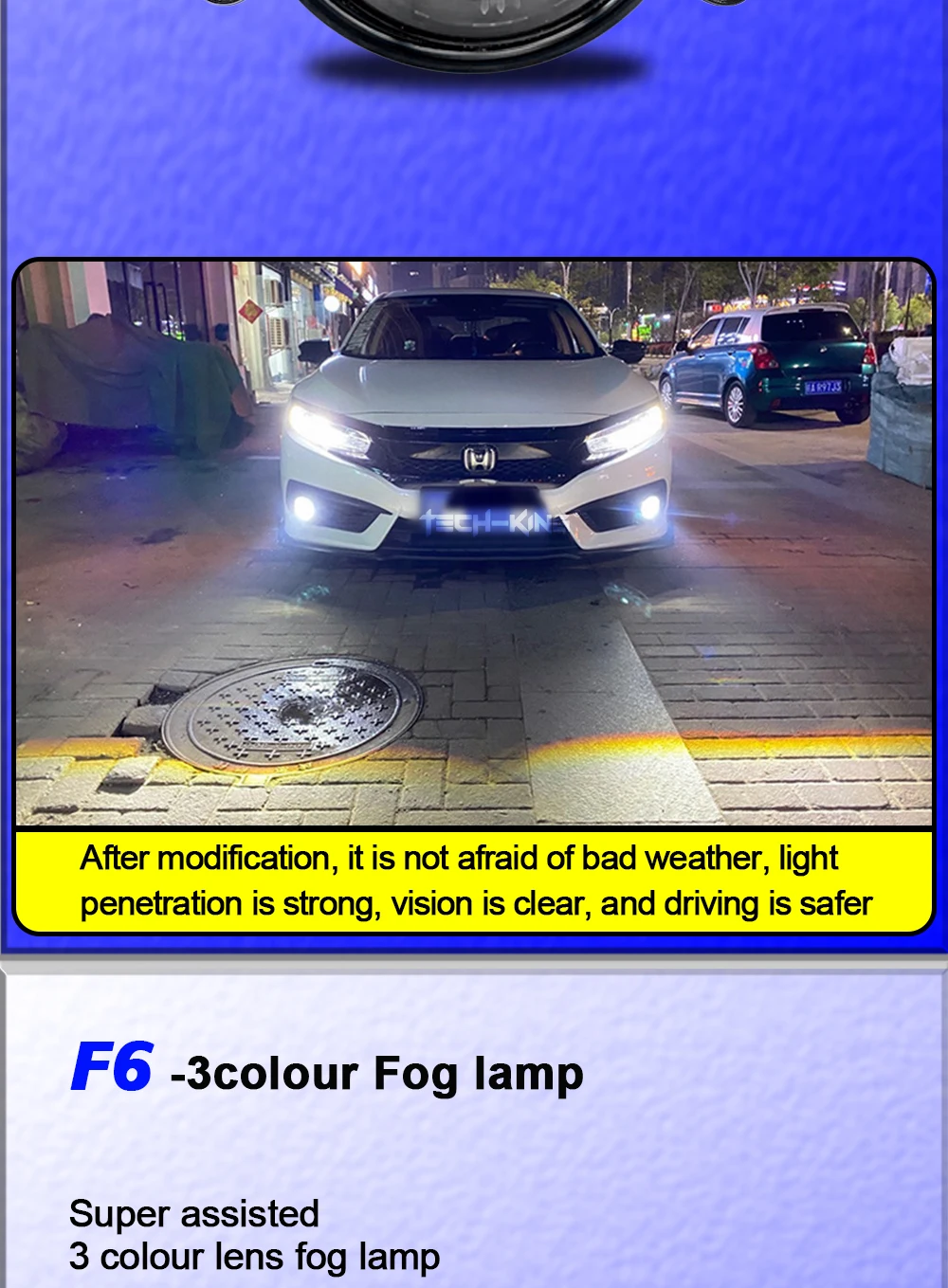 TECH-KING 3.0 inch projector led fog lights for universal cars 12V 3 color mode led fog lights bi led lens projector