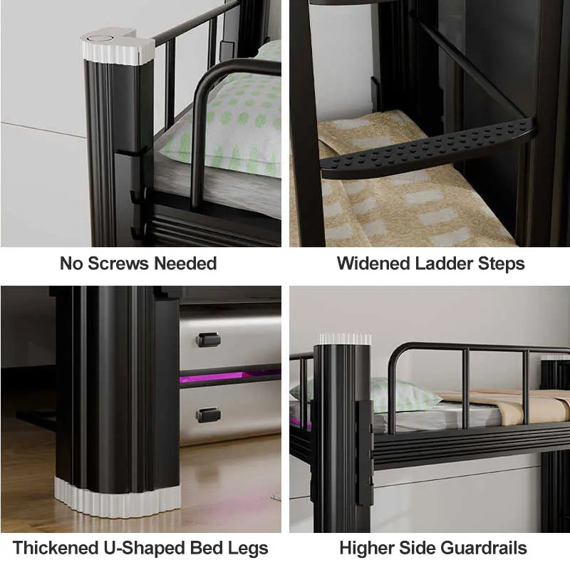 Queen Size Steel Bunk Bed with Sturdy Frame and Guardrail for Dormitory and School