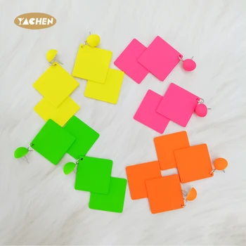 YACHEN Retro 80s 90s Theme Party Fluorescent Square Neon Earrings for Women Glow Party Accessories Wholesale Supplier