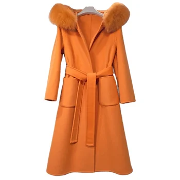 China Factory Wholesale Custom Cashmere Trench Coat Gentle Design Detachable Collar Belt Cashmere Coat With Fox Fur