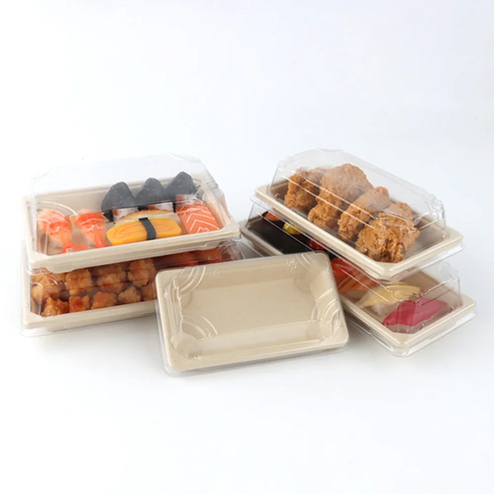 Box Tray With Varnishing Printing Handling Kraft Paper Tray Wood Eco Friendly to Go Box Rectangular Disposable Food Container