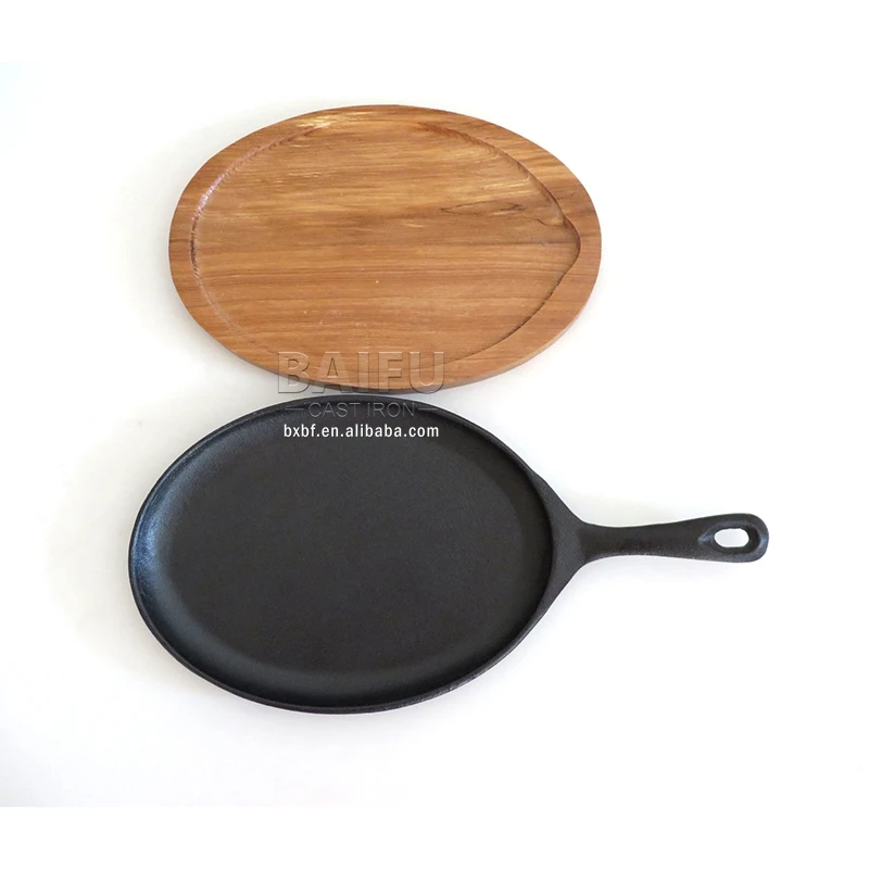 Solid Cast Iron Fajita Sizzler Skillet Pan With Wood Base & Handle, One Set