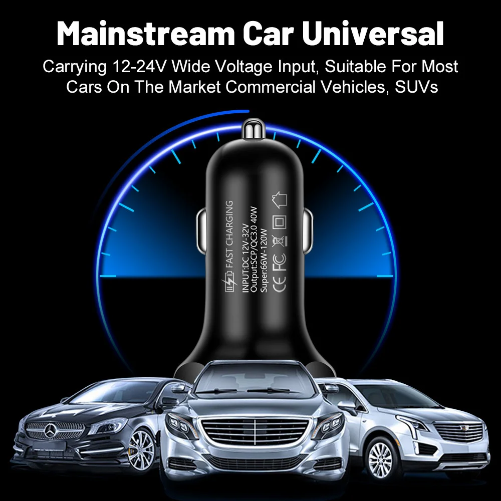 66W Digital Display Car Charger Adapter 4 USB Ports Fast Charger Quick Charge 3.0 Overcurrent OTG OLP USB Interface Car Charger