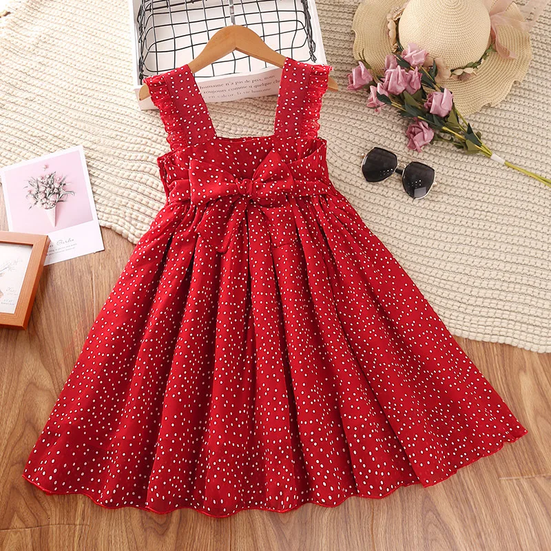 2022 Summer Kids Girl Printed Dot Frocks Red Casual Little Girls ...