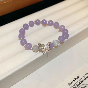 Elegant Purple Beaded Bracelet with Gold Butterfly Cat's Eye Accents Chic Jewelry for Women Perfect for Daily Wear Gifting