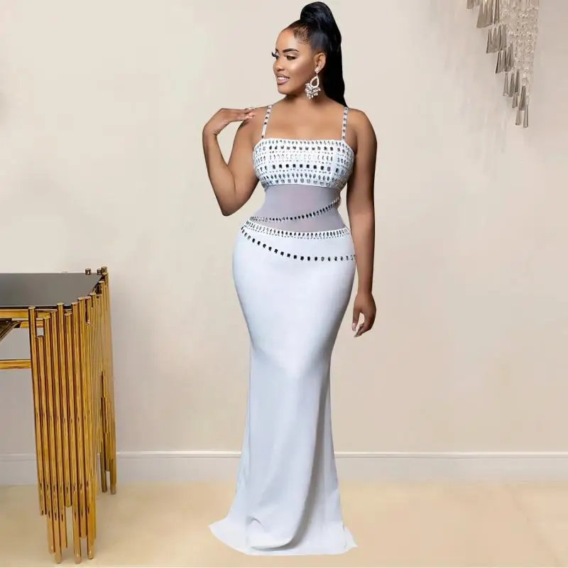 Luxury White Rhinestone Mesh See Through Spaghetti Strap Evening Dress  Backless Women Sexy Birthday Bodycon Festival Dress| Alibaba.com