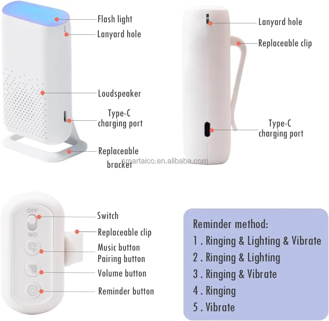 Rechargeable USB Vibration Alarm Ringtone SOS Wireless Call Button Caregiver Pager Elderly Doorbell