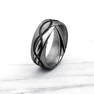 IP Black Men's Wedding Band Infinity Ring Comfort Fit Dome Damascus Steel Brushed Stainless Steel Classic Style for Engagement