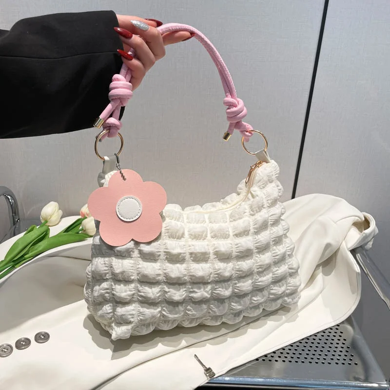 Bubble Flower Handheld Cylinder Zipper Women 2026 New Korean Japanese Style Textured Shoulder Handbag Women Girl Shopping Bag