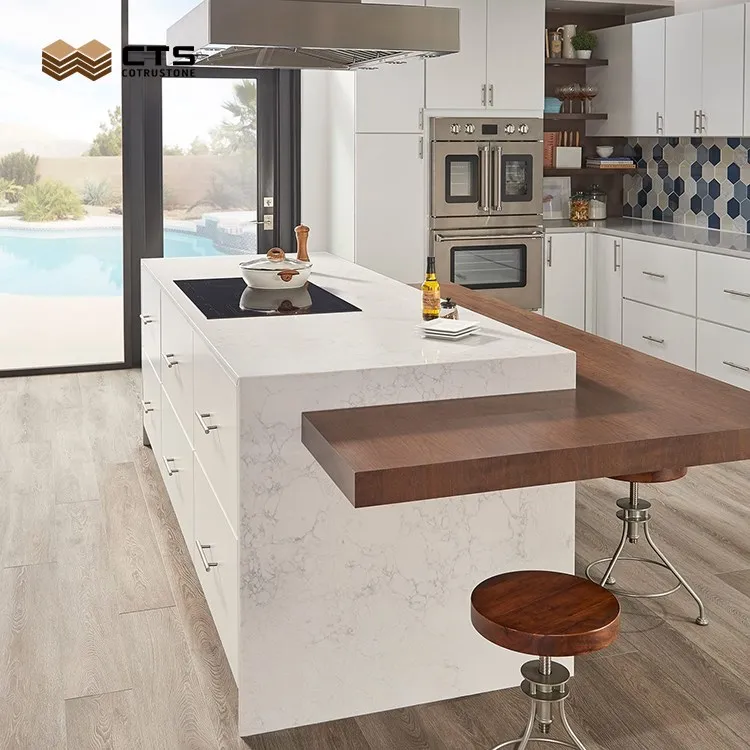 White Composite Quartz Open Kitchen Dining Table Top Buy Quartz