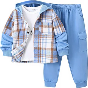 2Pcs Kids Boys Flannel Plaid Shirt Tops Pants Set Hoodie Sweatsuit  for Fall Winter Spring Outfits 4-12 Years
