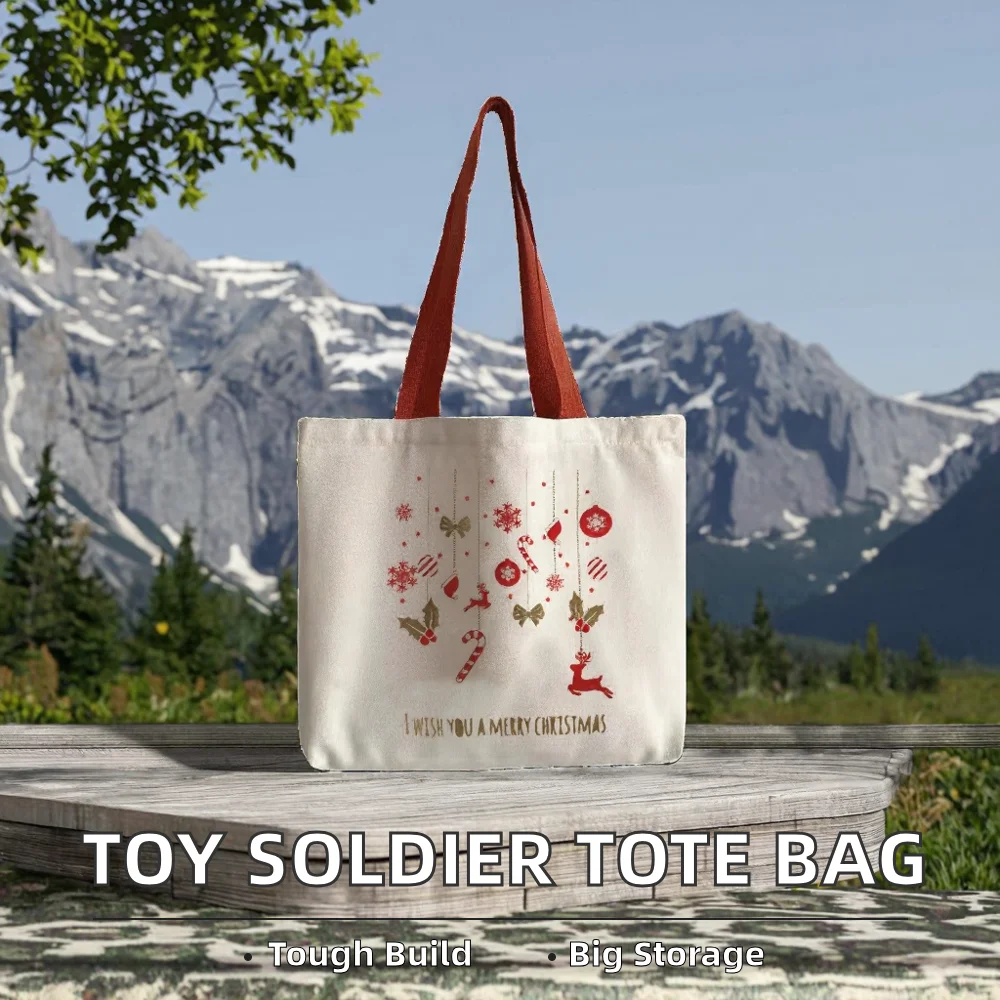 Christmas Canvas Tote Large Capacity Handbag Ribbon Rope Shoulder Strap Letter Print for Outdoor Picnic Party Travel Shopping details
