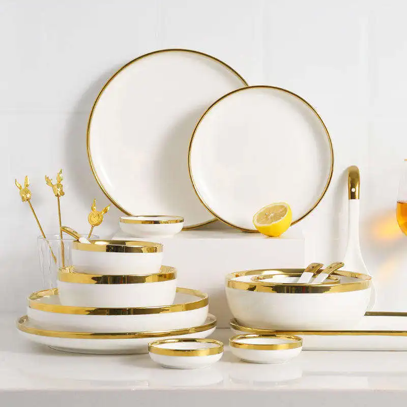 Luxury Nordic Style Gold Rim Crokery Fine Bone China Tableware Porcelain Ceramic dishes Plates Dinnerware Dinner Set