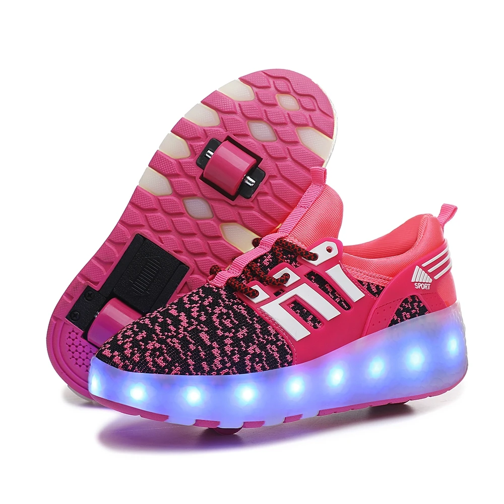 Wholesale Kids Sneakers Children Baby Girls Boys Letter mesh Led Luminous Sports Remote control light roller shoes B904