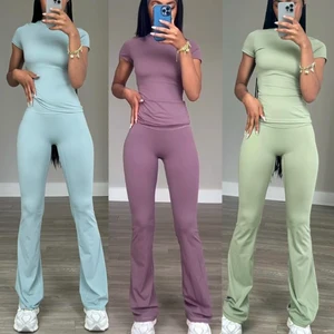 Huili Custom High Quality Premium Stretch 2 Piece Gym Fitness Flare Leggings Activewear Slimming Matching Sets Loungewear Women