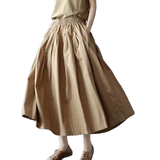 Summer solid color skirt with pockets, thin non-iron treatment skirt, Japanese and Korean casual style cotton skirt