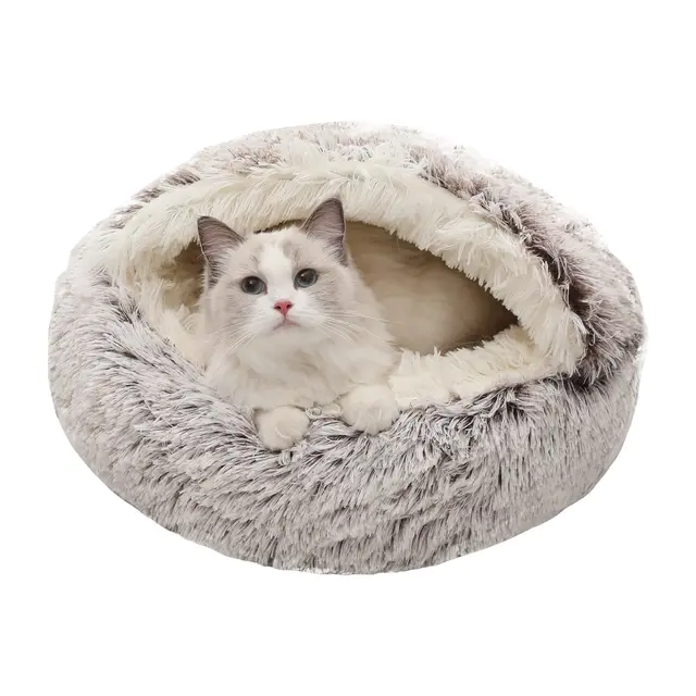 Dog & Cat Cave Round Bed with Hooded Cover Removable Washable Anti-Slip Faux Fur Fluffy
