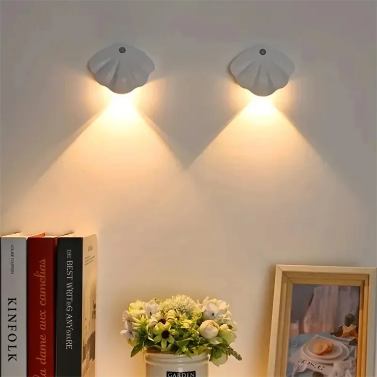 Shell Shape Rechargeable Wireless Magnetic Wall Sconces Pir Motion Sensor Night Lights Wall Lamp Indoor for Home Decoration