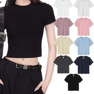 Short Sleeve Slim-Fit Top for Women 230g Summer Cotton T-Shirt Solid Knitted Women's Crop Top