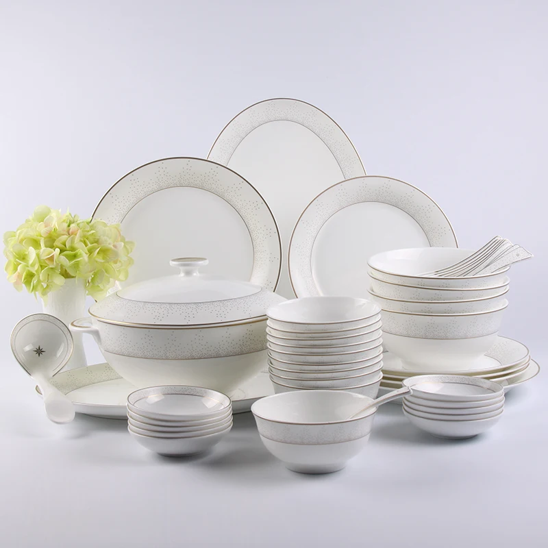 Juego de vajilla de porcelana de primera calidad, juego de vajilla de lujo real de hueso fino de China con borde dorado, colección de vajilla para el