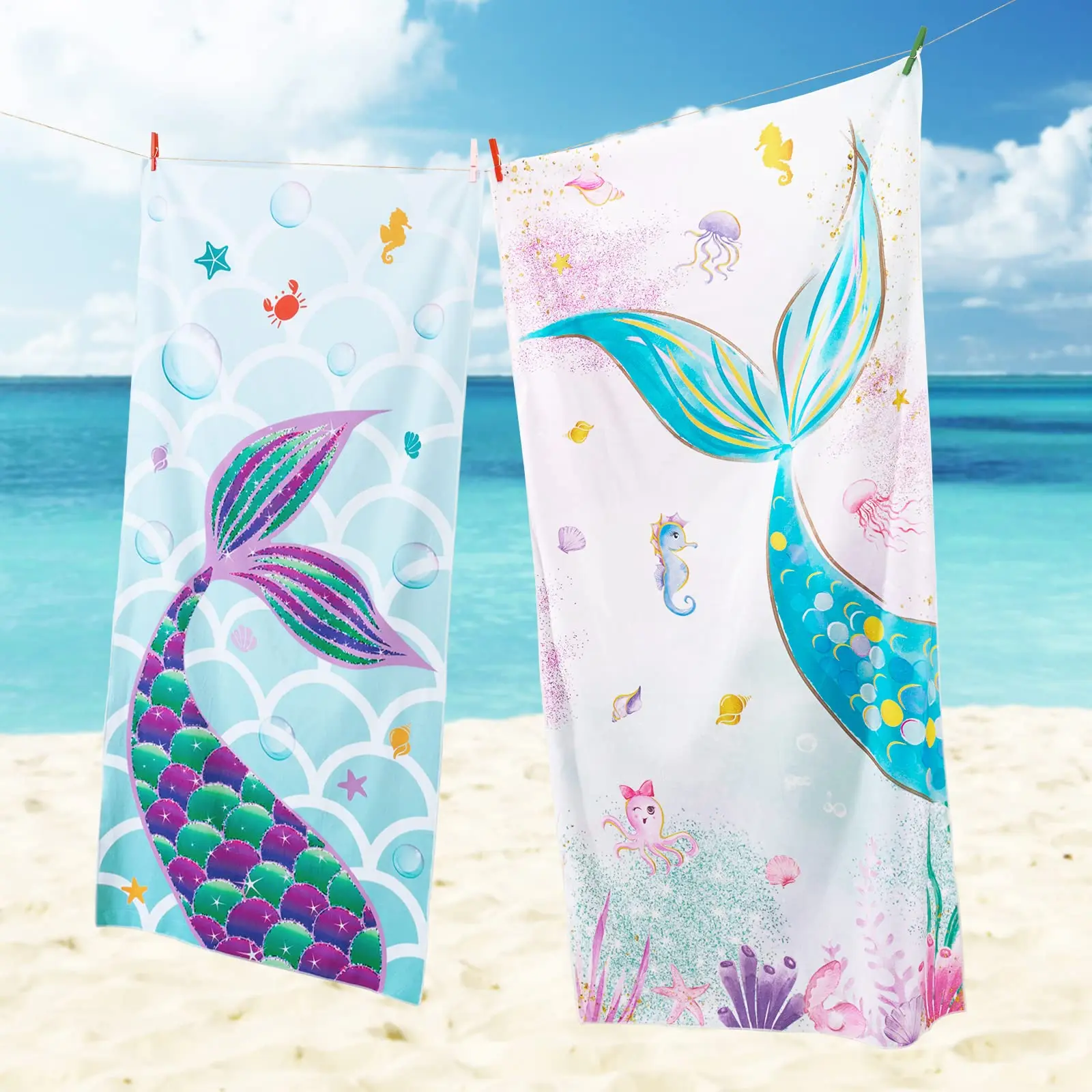 Customized 100x180cm Microfiber Kids Beach Towel Soft Mermaid Tail Design for Camping Pool Travel Bath Disposable Feature supplier