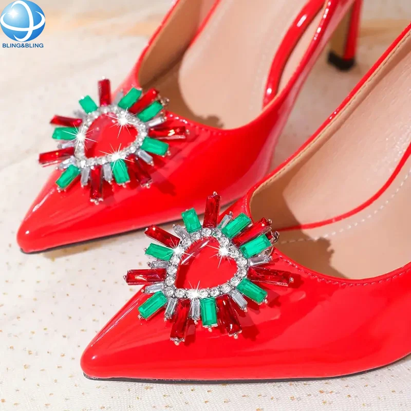 Shiny Green and Red Color Crystal  Shoe Buckle Heart Shape Rhinestone Detachable Shoe Clip for Ladies Shoe Accessory Gifts Jewel