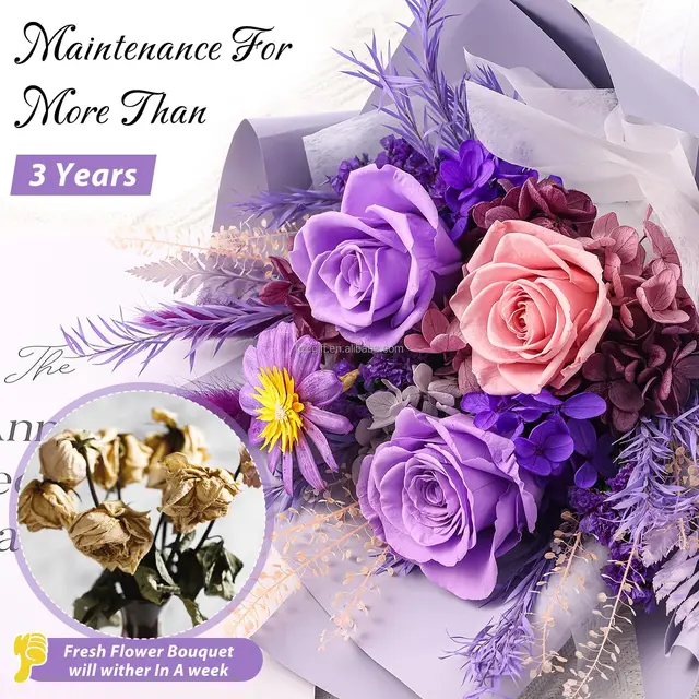 New Design Dried Flower Bouquet Prime Preserved Purple Forever Roses Bouquet For Wedding Birthday Valentines Mothers Day