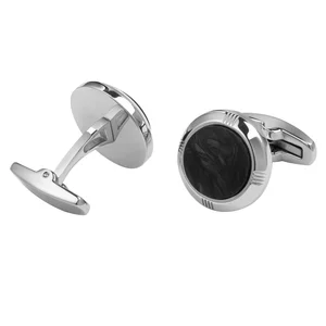 Fashionable Stainless Steel Cufflinks with Forged Black Carbon Fiber Inlay Round Men Shirt Cufflinks