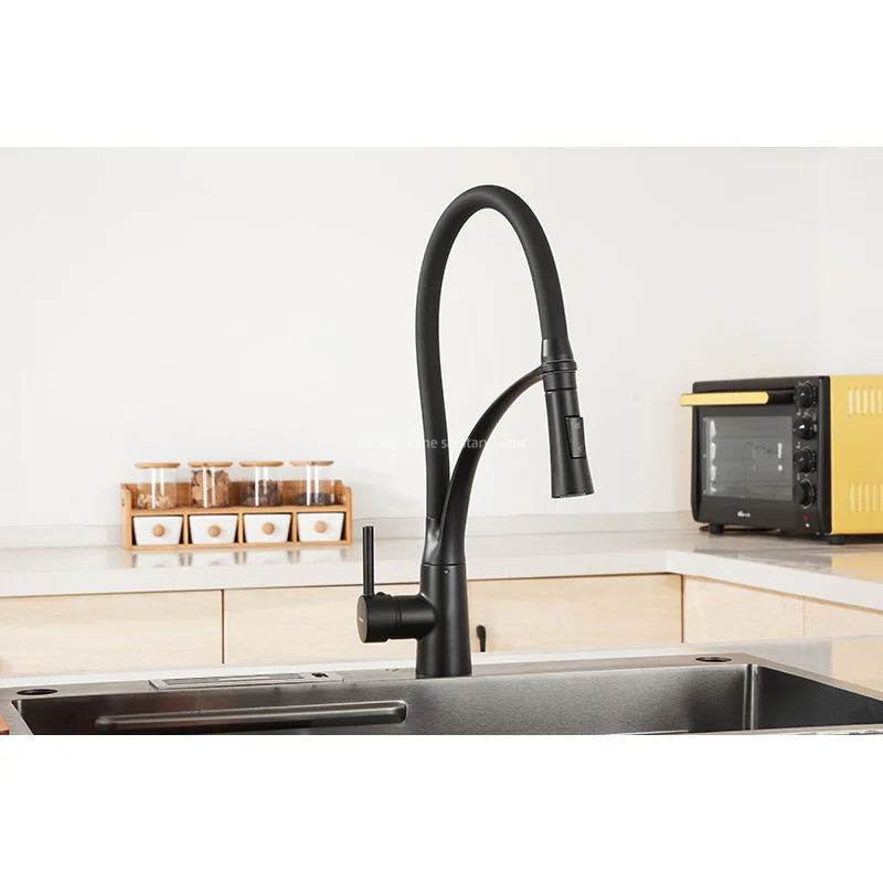 Best-selling Modern Simple Leather Tube Tee-black Kitchen Faucet Pull Mixer Sink Faucet Single Handle Deck Installation Ceramics